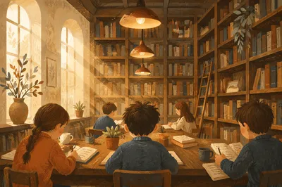 Warm Historic Library Reading Room Scene