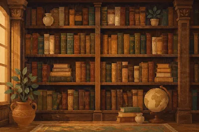 Warm Library Reading Room Bookshelves