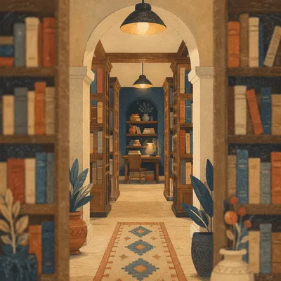 Quiet Library Aisle with Warm Bookshelves