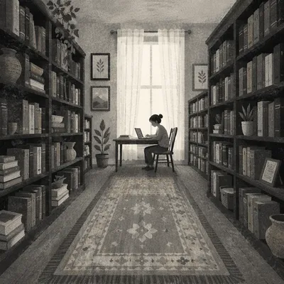 Quiet Library Study Aisle in Grayscale
