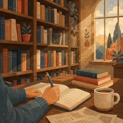 Quiet Library Study Table at Sunset