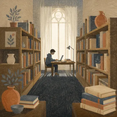 Quiet Library Study Aisle with Student