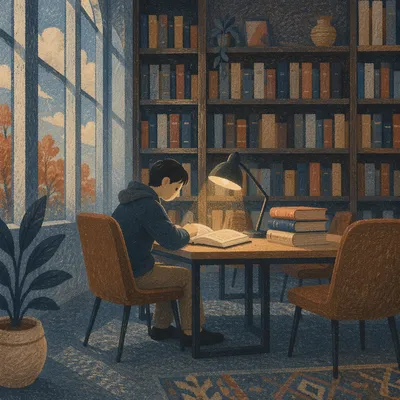 Quiet Library Study with Warm Lamp