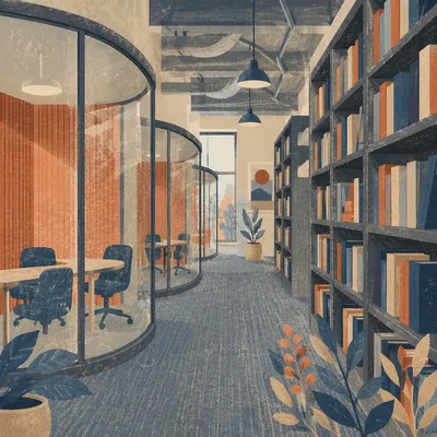 Quiet Modern Library Study Shelves