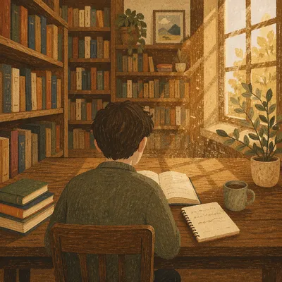 Quiet Library Study in Warm Afternoon Light