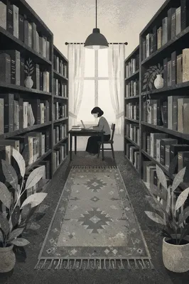 Quiet Grayscale Library Study Aisle