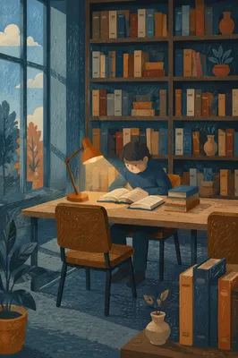 Quiet Library Study Under Warm Lamp