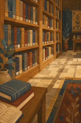 Quiet Sunlit Library Shelves for Study