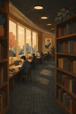Quiet Library Study Area with Warm Light