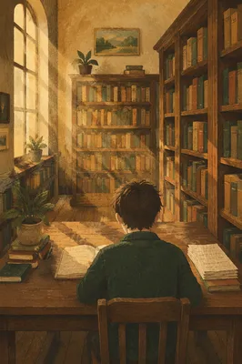 Quiet Library Study in Warm Afternoon Light