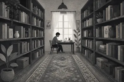Quiet Grayscale Library Study Aisle