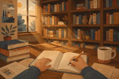 Quiet Library Study Table at Sunset