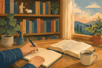 Quiet Library Study Table With Warm Light