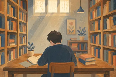 Quiet Library Study Among Wooden Shelves