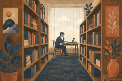 Quiet Library Aisle Study Scene