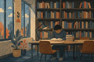 Quiet Library Study with Warm Lamp