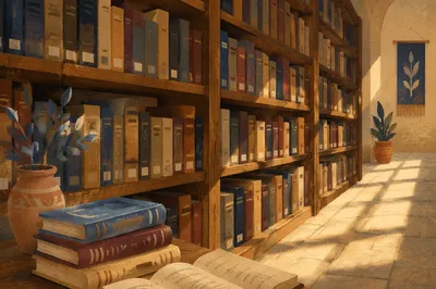 Quiet Sunlit Library Shelves for Study