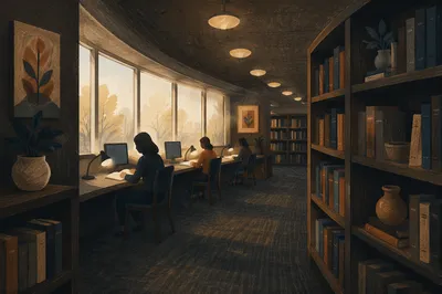 Quiet Library Study Area with Warm Light