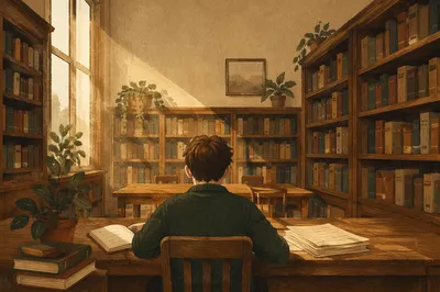 Quiet Library Study with Warm Afternoon Light
