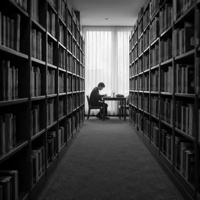 Quiet Library Study Aisle in Grayscale