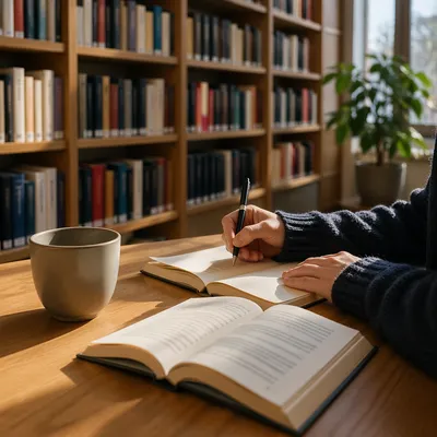Quiet Library Study with Warm Afternoon Light