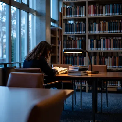 Quiet Library Study Table at Dusk