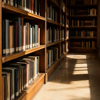 Quiet Library Aisle in Warm Sunlight