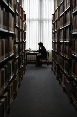 Quiet Library Study Aisle with Student