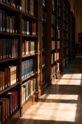 Quiet Library Aisle with Warm Sunlight