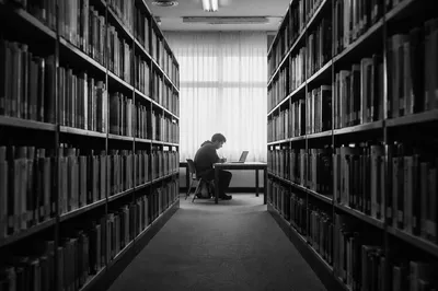 Quiet Library Study Aisle in Grayscale