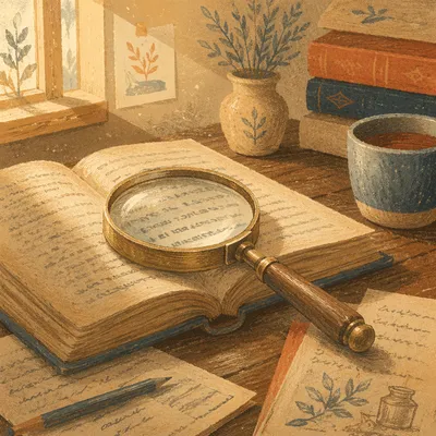 Magnifying Glass on Antique Book Study Desk
