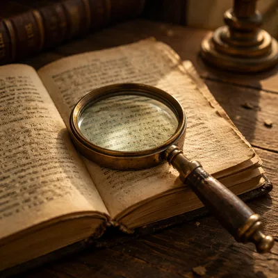 Vintage Magnifying Glass on Aged Book Pages
