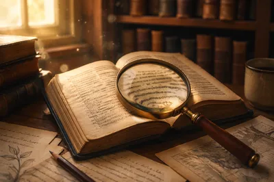 Magnifying Glass on Aged Book Pages