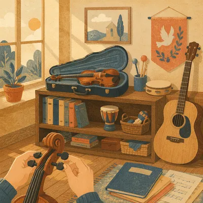 Warm Music Classroom with Violin and Guitar