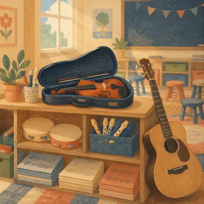 Quiet Music Classroom with Violin and Guitar