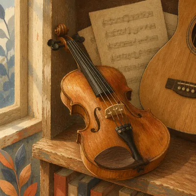 Violin and Guitar on Classroom Shelf