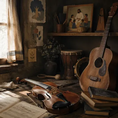 Violin and Guitar on Classroom Shelf