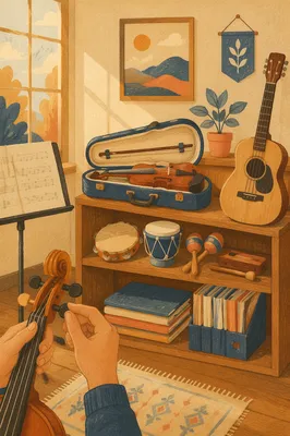 Quiet Music Classroom with Violin and Guitar