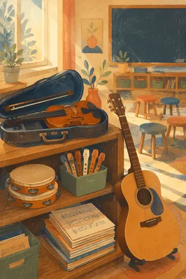 Quiet Music Classroom with Violin and Guitar