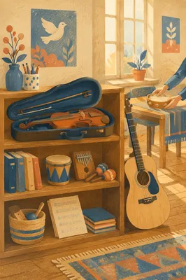 Warm Music Classroom with Violin and Guitar