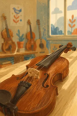 Warm Music Classroom Violin and Guitar Shelf