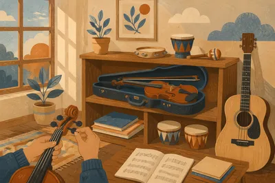Warm Music Classroom with Violin and Guitar