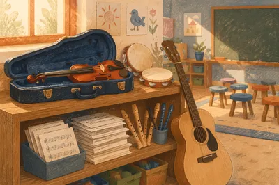 Warm Music Classroom Instruments on Wooden Shelf