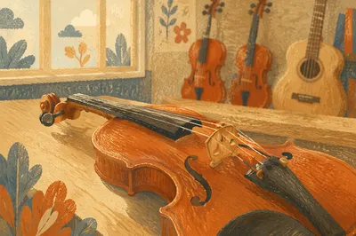 Warm Music Classroom Violin and Guitar Shelf