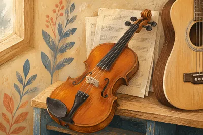 Warm Music Classroom Violin and Guitar