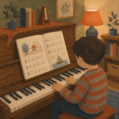 Young Piano Student Practicing at Home