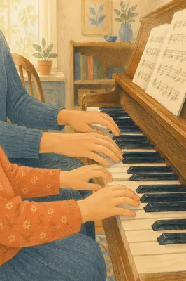 Child Piano Practice with Teacher Hands