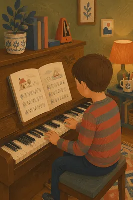 Young Piano Student Practicing at Home