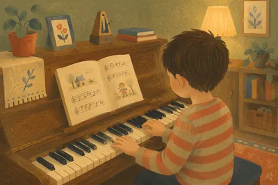 Young Piano Student Practicing at Home