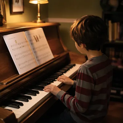 Young Piano Student Practicing at Home